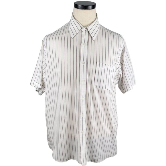 Vintage 80's Towncraft 17 1/2 White Button-Up Short Sleeve Shirt Striped XL - Picture 1 of 8